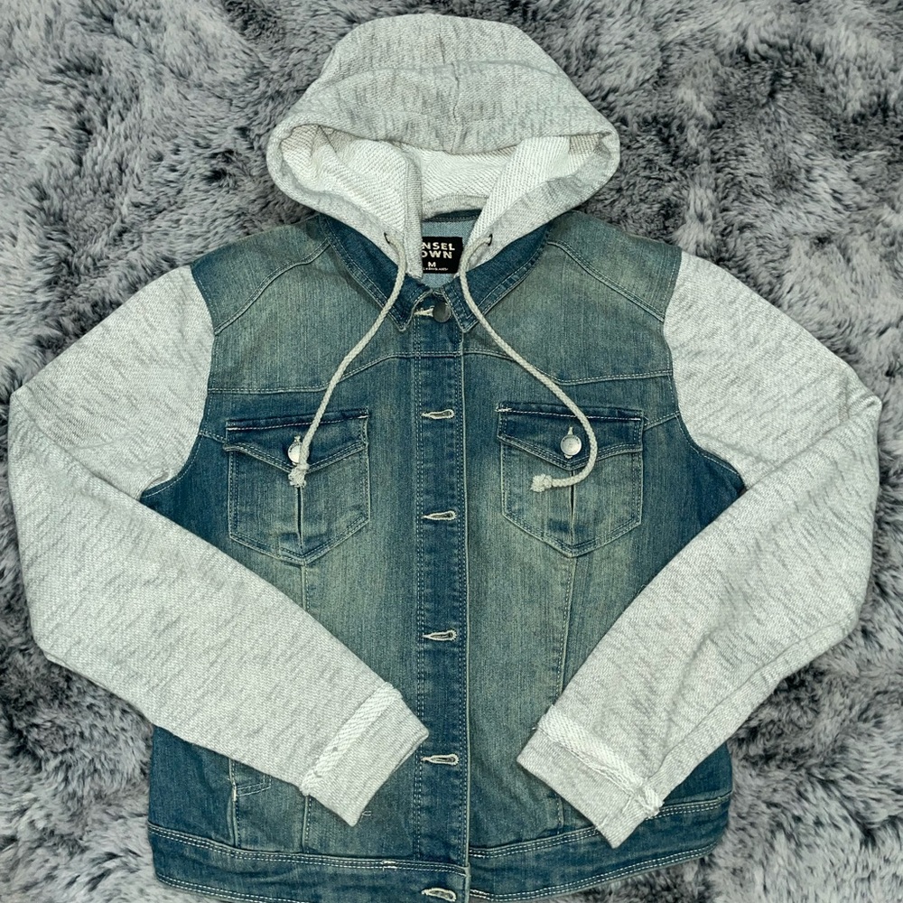 Tinsel Town Jean Jacket Womens Small. Grey Blue Denim Hood Sweatshirt Sleeves
